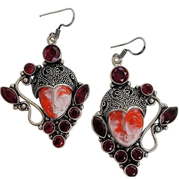 Artisan Carved Red and White Face Earrings with Red Gemstones - Picture 1 of 8